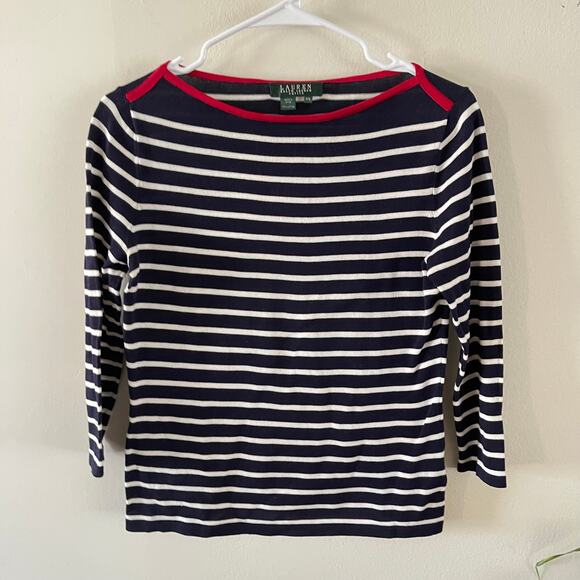 Lauren Ralph Lauren Womens Knit Sweater Small Petite Navy Striped Casual Classic - Picture 1 of 7
